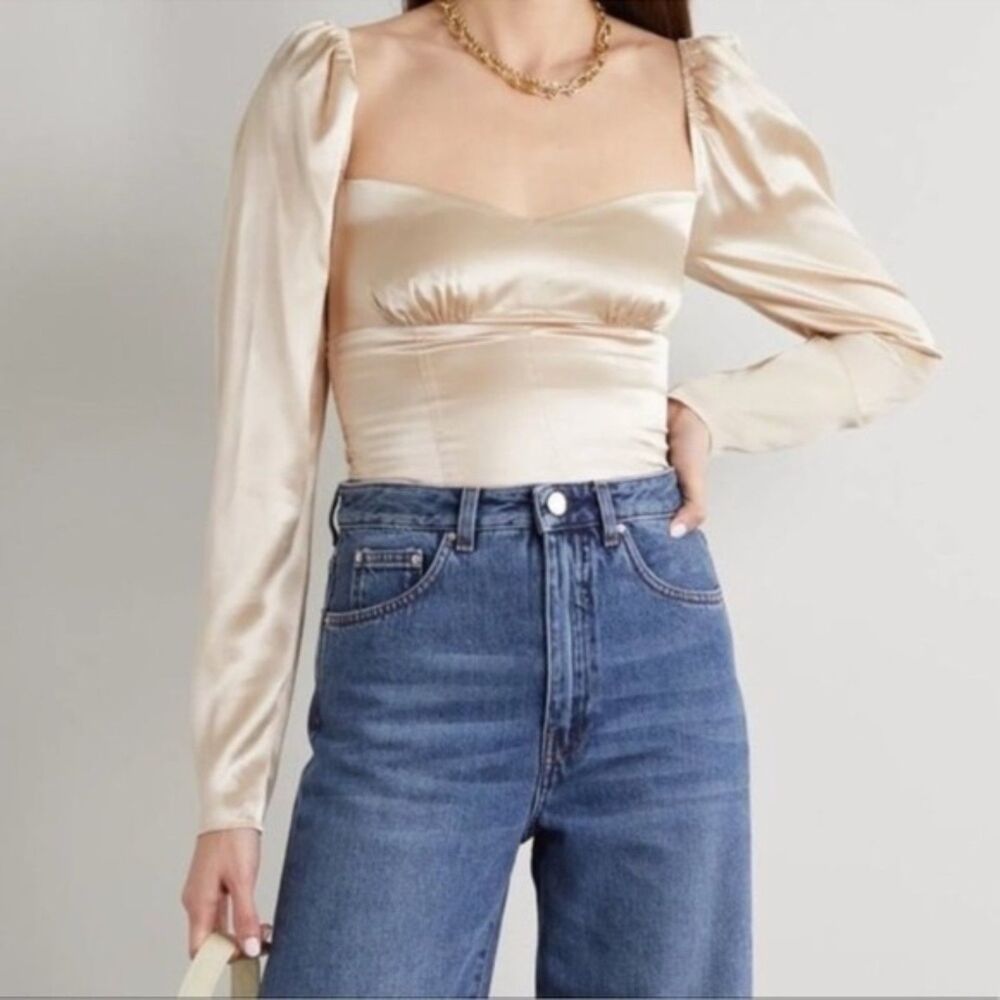 Reformation Roe Shirred Silk Champagne Blouse Romantic Puff Sleeve Size 2 | XS